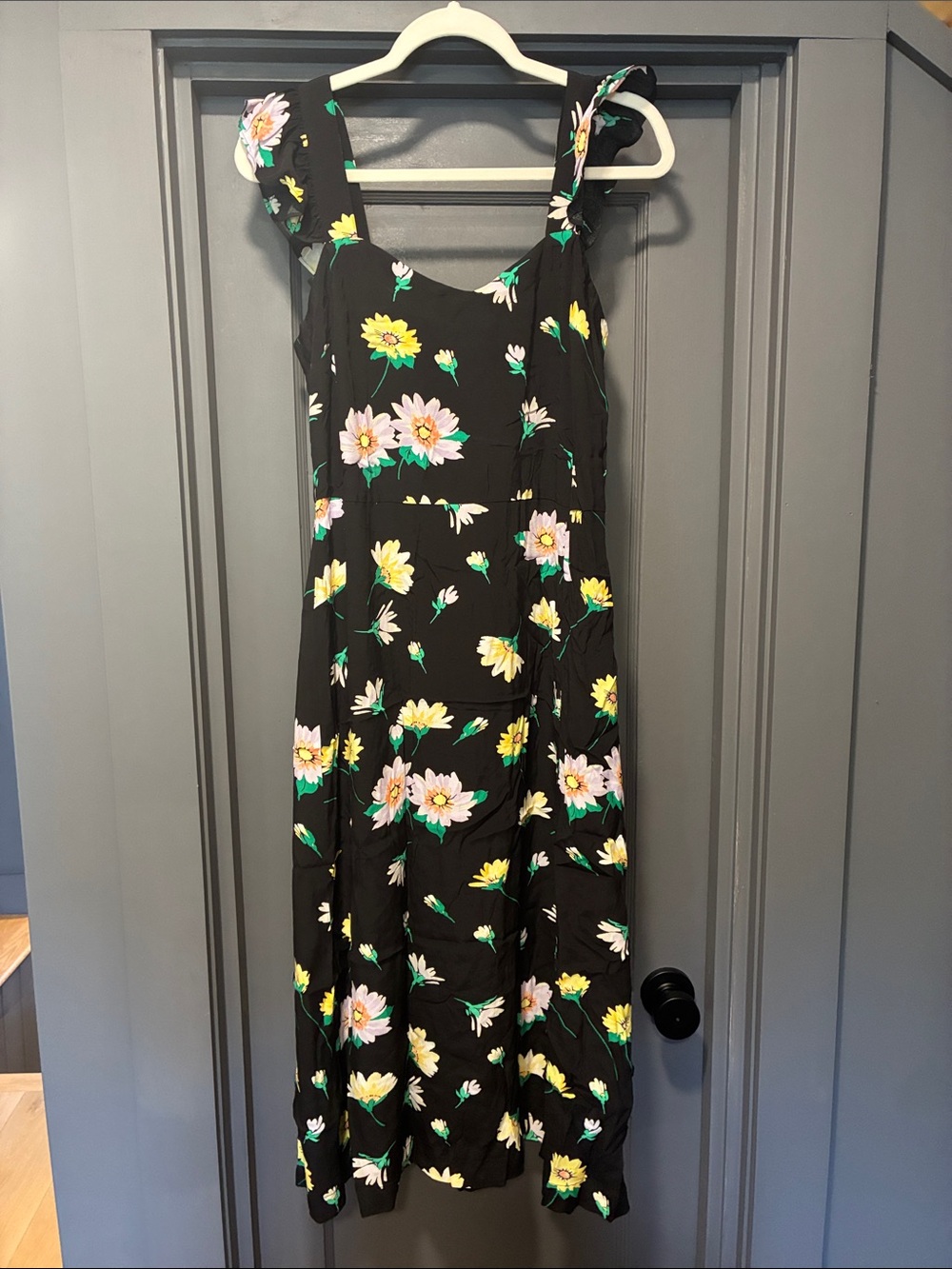 LOFT Black Floral Midi Dress with Yellow & Pink Blooms